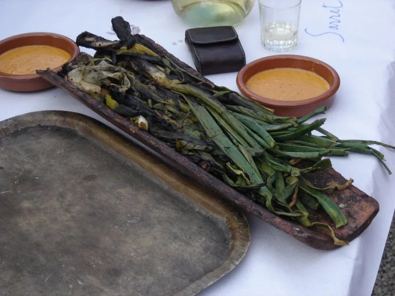 Calçots a la brasa con un cuenco de salsa romesco
