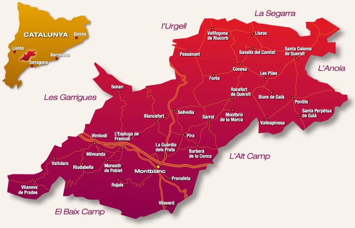 Mapa de la DO Conca de Barberà amb els seus municipis, Montblanc al centre, i situació dins de Catalunya